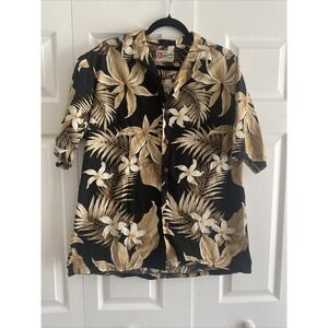 Hilo Hattie Aloha Button Down Mens Size L Black Tan Floral Palm Cotton Hawaiian‎